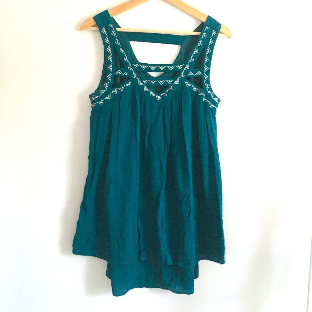 Jolt Teal Sleeveless Tunic Top with Embroidery